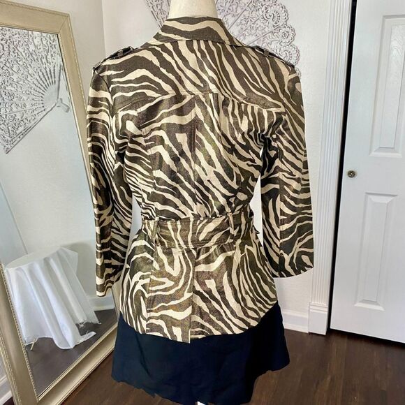 VTG 90s Cache Gold Metal Zebra Linen Cotton Button Tailored Belted Jacket XS - Picture 5 of 8